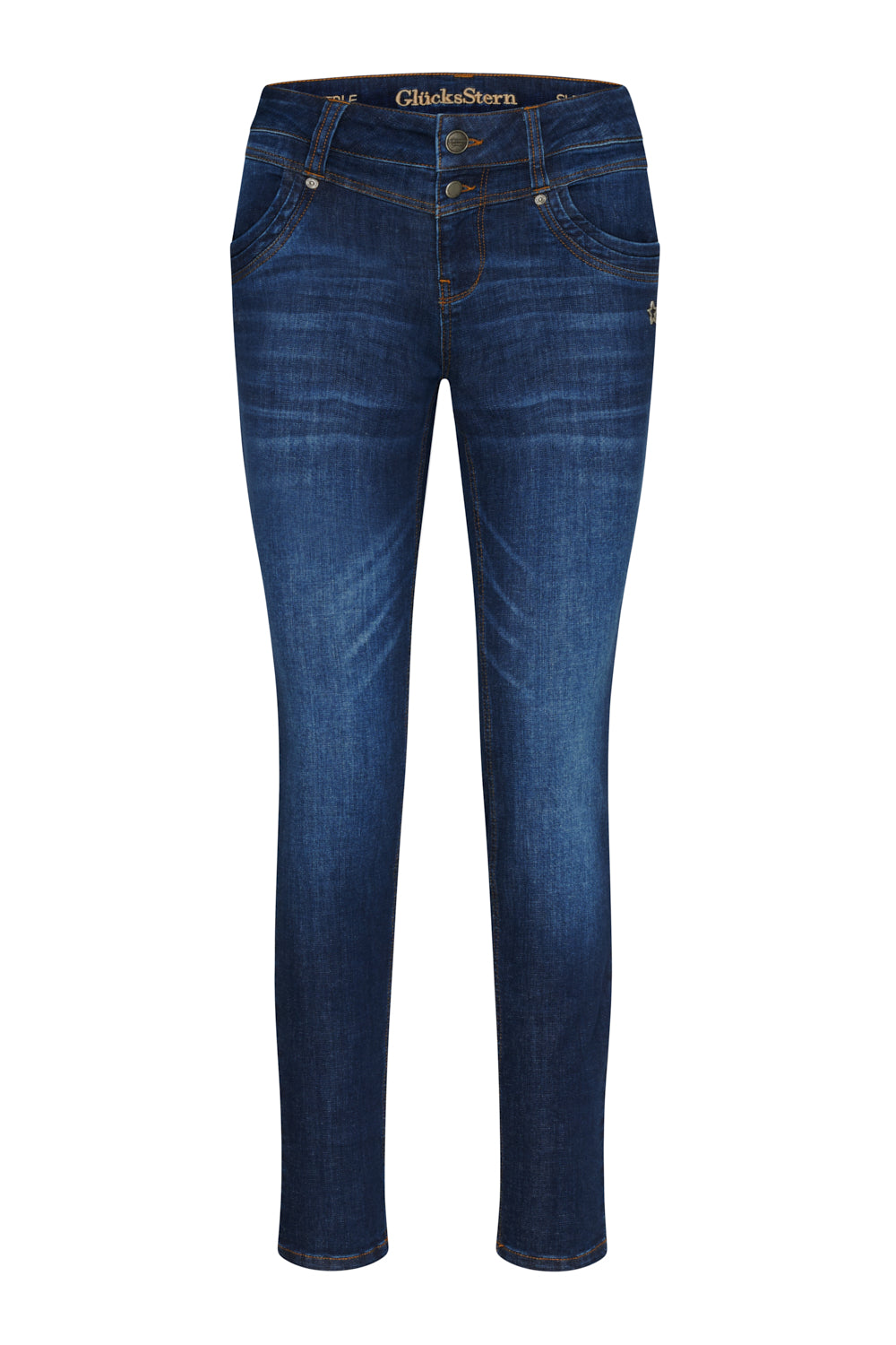 Women's dark blue slim fit jeans with mid-rise button fly and five pockets