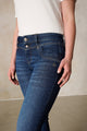 Women's dark blue slim fit jeans with mid-rise button fly and five pockets