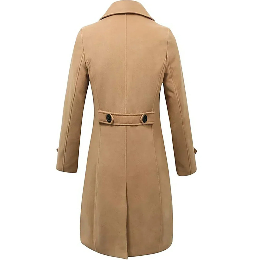 Men's long double-breasted coat with notched lapels and side pockets