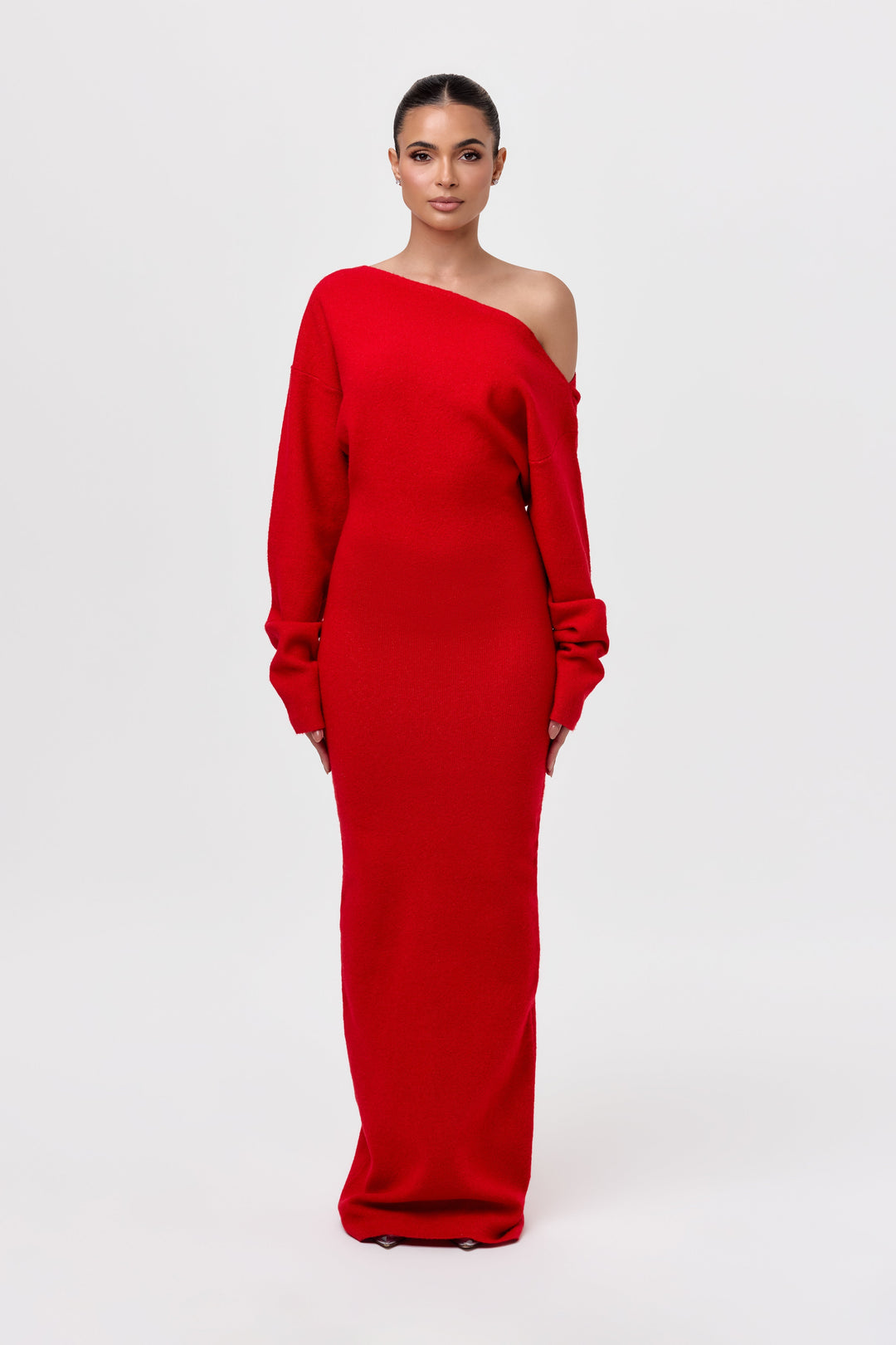 Women's asymmetric knit maxi dress with long sleeves and floor-length skirt
