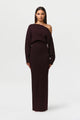 Women's asymmetric knit maxi dress with long sleeves and floor-length skirt