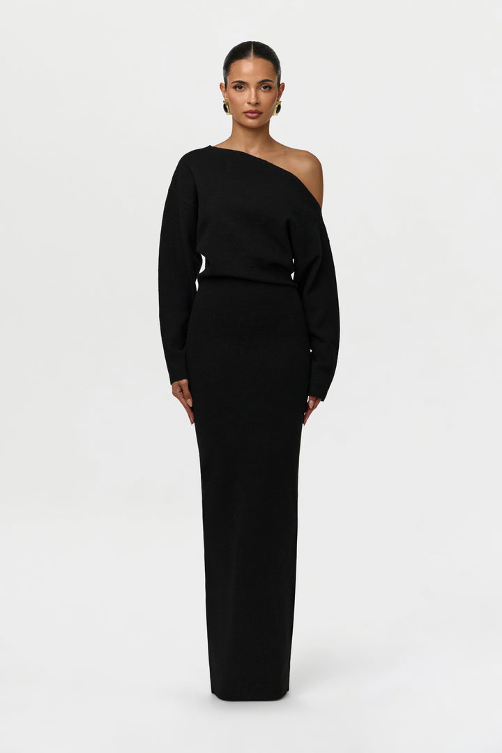 Women's asymmetric knit maxi dress with long sleeves and floor-length skirt