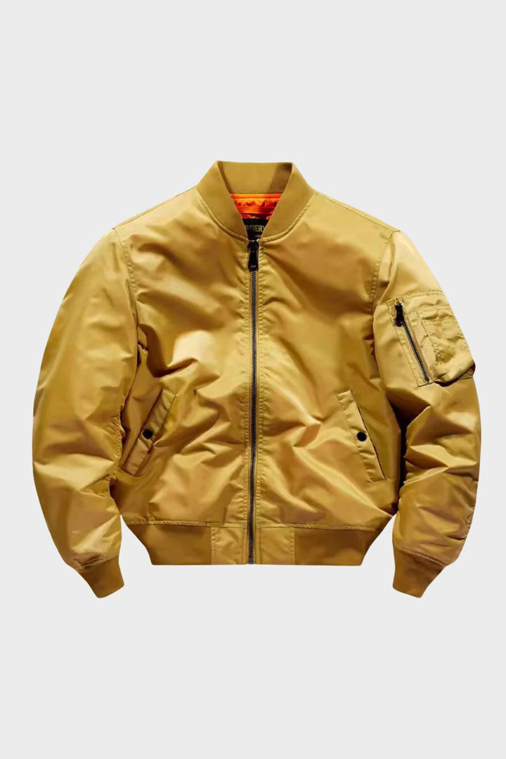 Men's full zip bomber jacket with ribbed trim and sleeve utility pocket