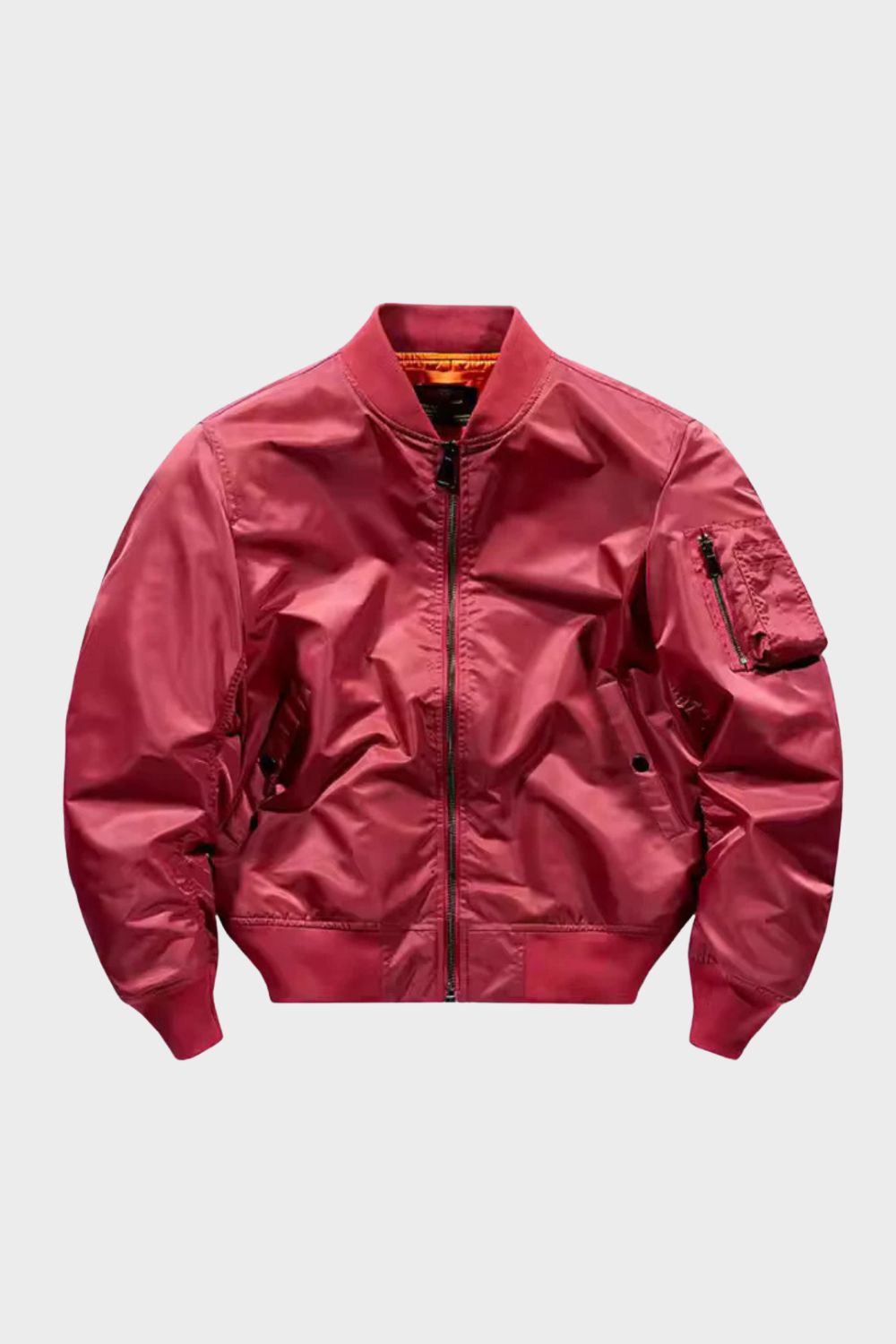 Men's full zip bomber jacket with ribbed trim and sleeve utility pocket