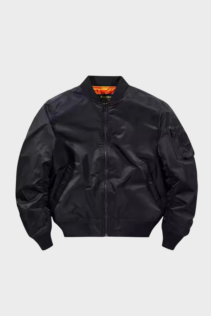 Men's full zip bomber jacket with ribbed trim and sleeve utility pocket