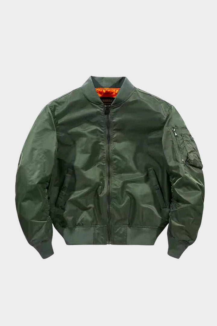 Men's full zip bomber jacket with ribbed trim and sleeve utility pocket