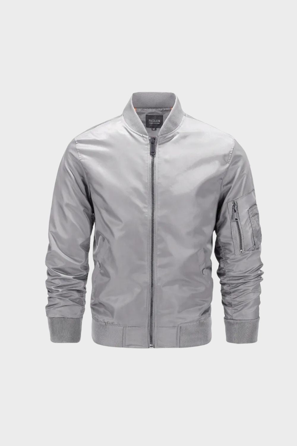 Men's full zip bomber jacket with ribbed trim and sleeve utility pocket