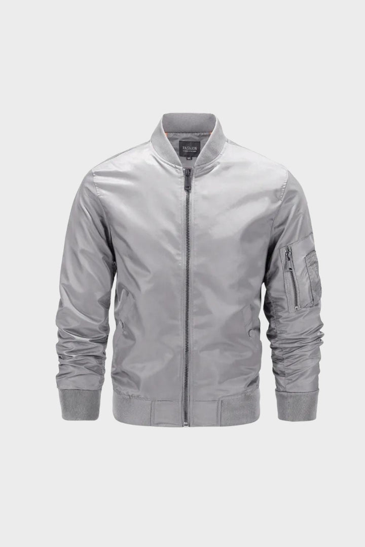 Men's full zip bomber jacket with ribbed trim and sleeve utility pocket