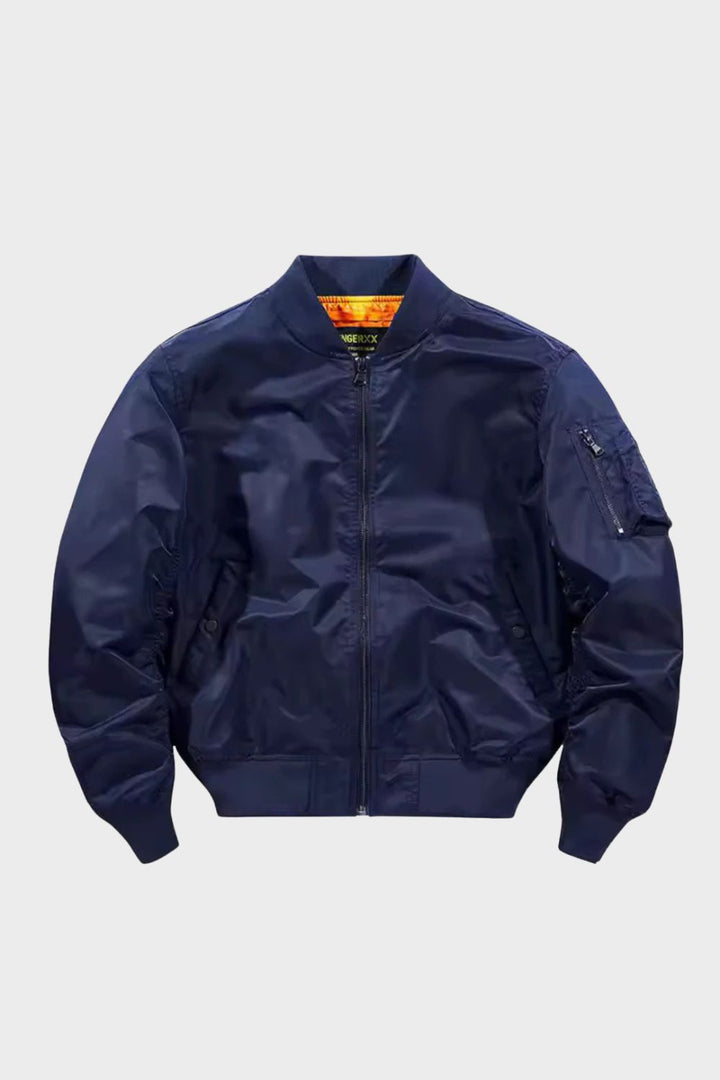Men's full zip bomber jacket with ribbed trim and sleeve utility pocket