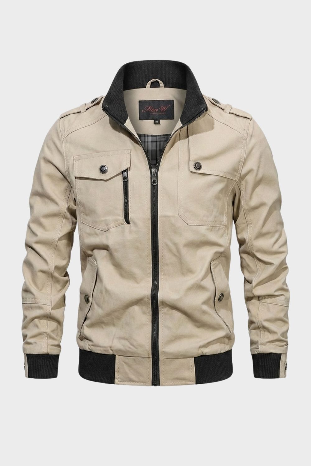 Men's utility jacket with stand collar, zip front, chest pockets and ribbed trim