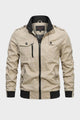 Men's utility jacket with stand collar, zip front, chest pockets and ribbed trim