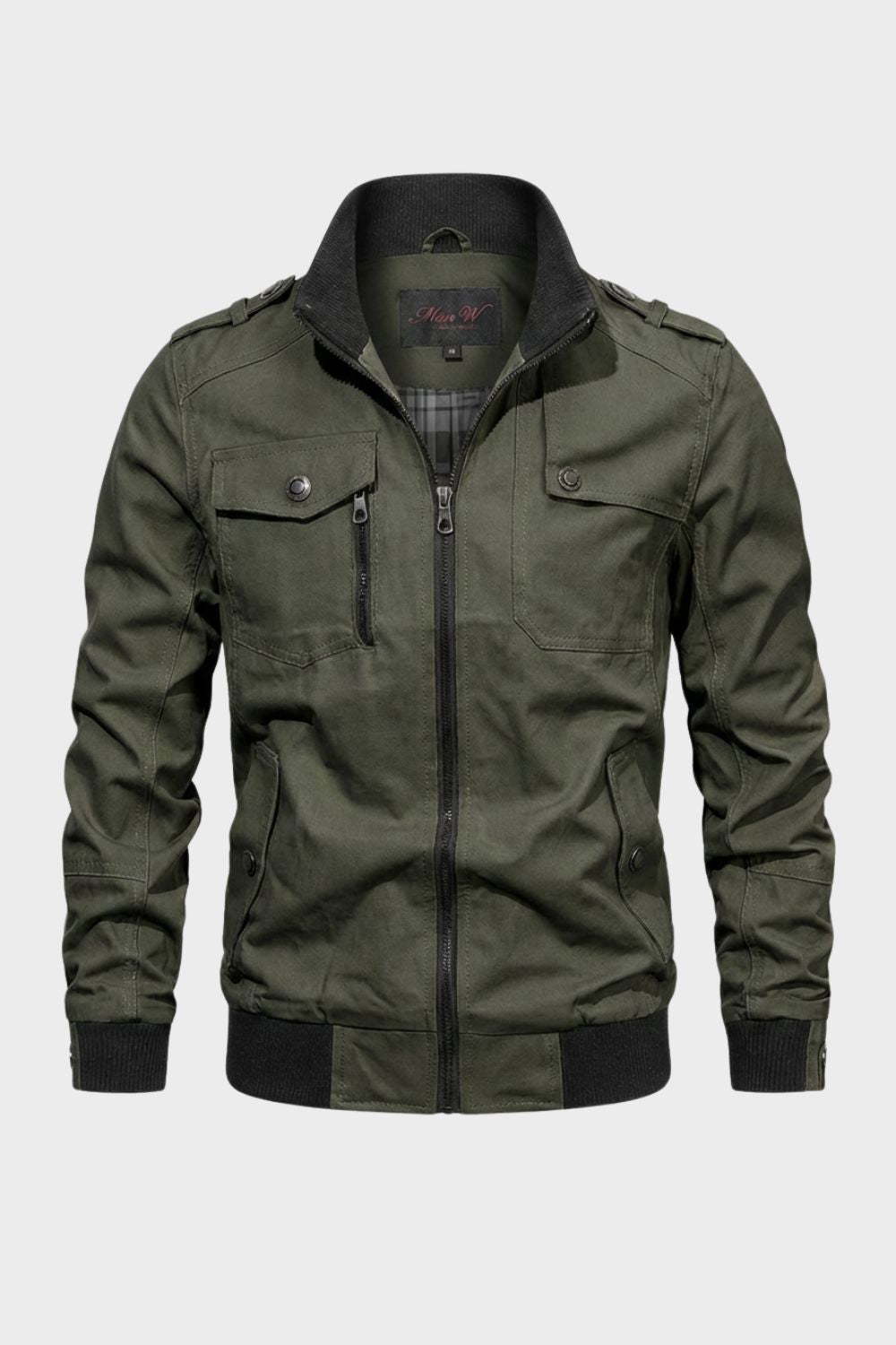 Men's utility jacket with stand collar, zip front, chest pockets and ribbed trim