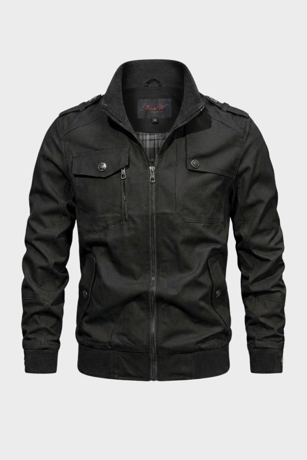 Men's utility jacket with stand collar, zip front, chest pockets and ribbed trim