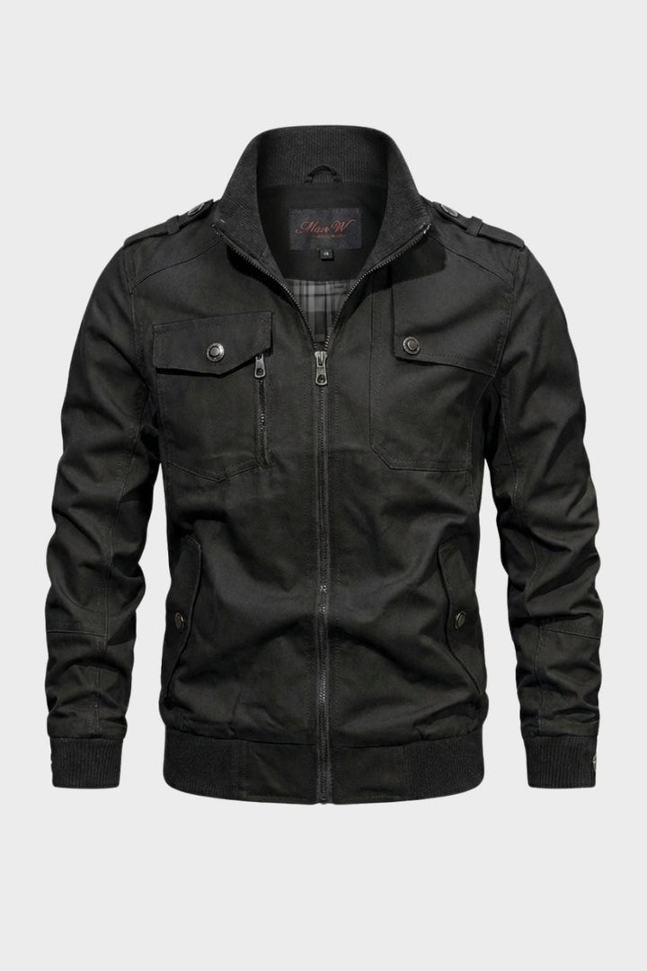 Men's utility jacket with stand collar, zip front, chest pockets and ribbed trim
