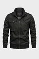 Men's utility jacket with stand collar, zip front, chest pockets and ribbed trim