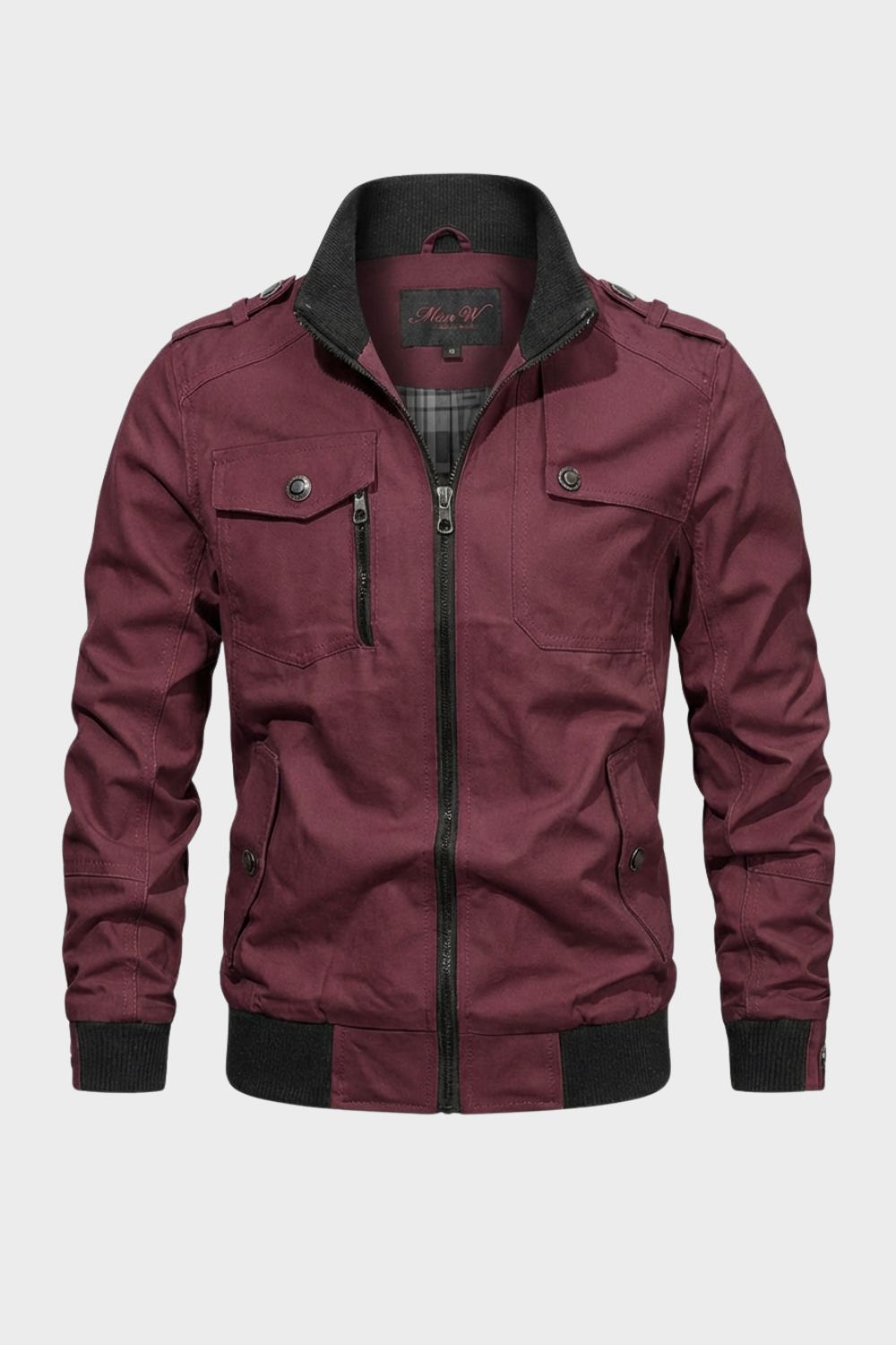 Men's utility jacket with stand collar, zip front, chest pockets and ribbed trim