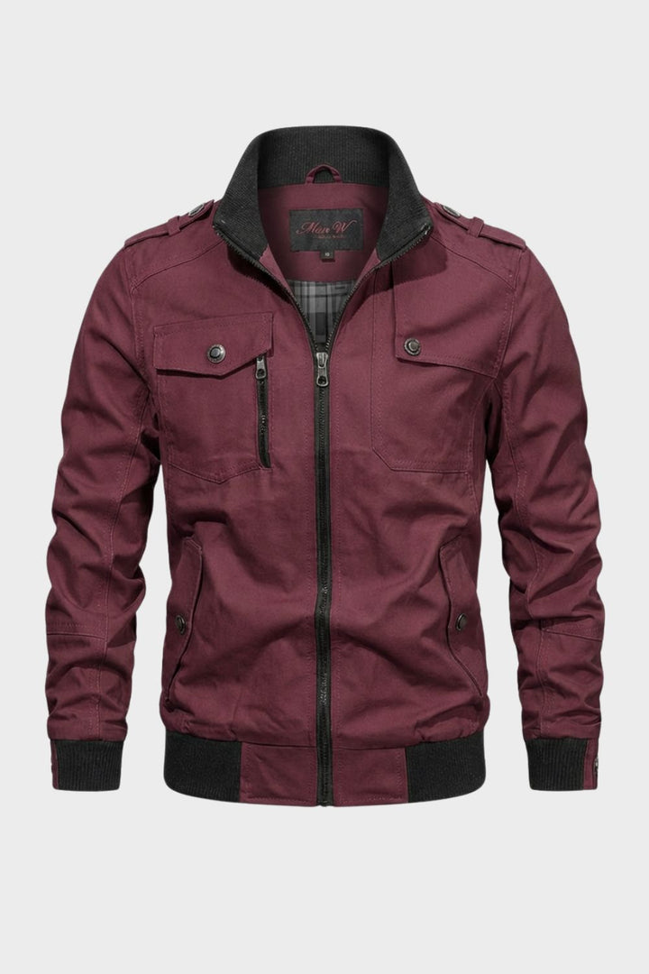 Men's utility jacket with stand collar, zip front, chest pockets and ribbed trim