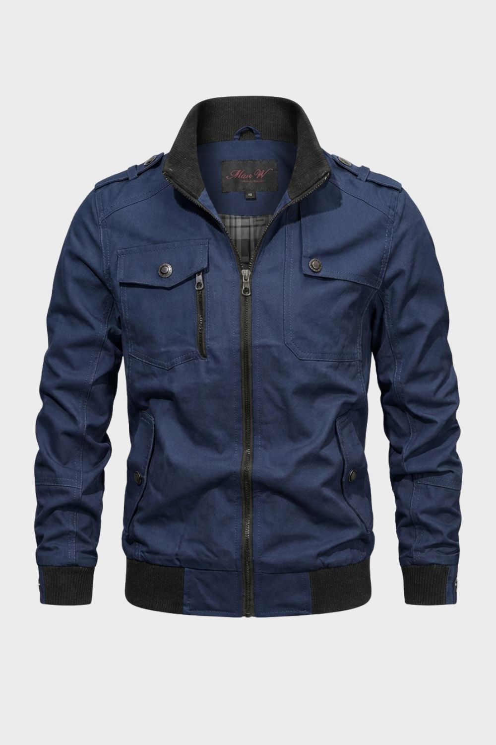 Men's utility jacket with stand collar, zip front, chest pockets and ribbed trim