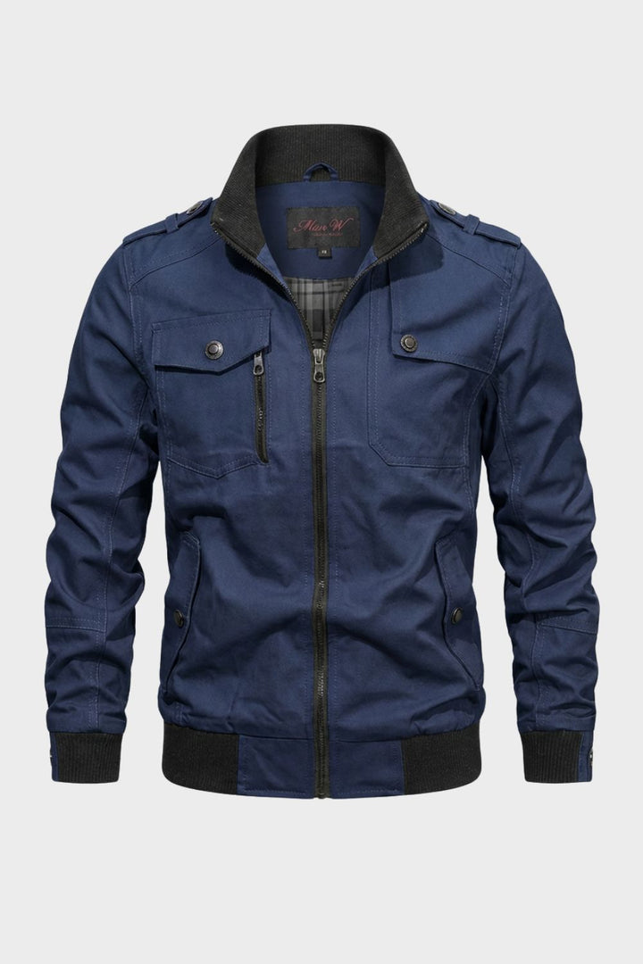 Men's utility jacket with stand collar, zip front, chest pockets and ribbed trim