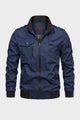 Men's utility jacket with stand collar, zip front, chest pockets and ribbed trim