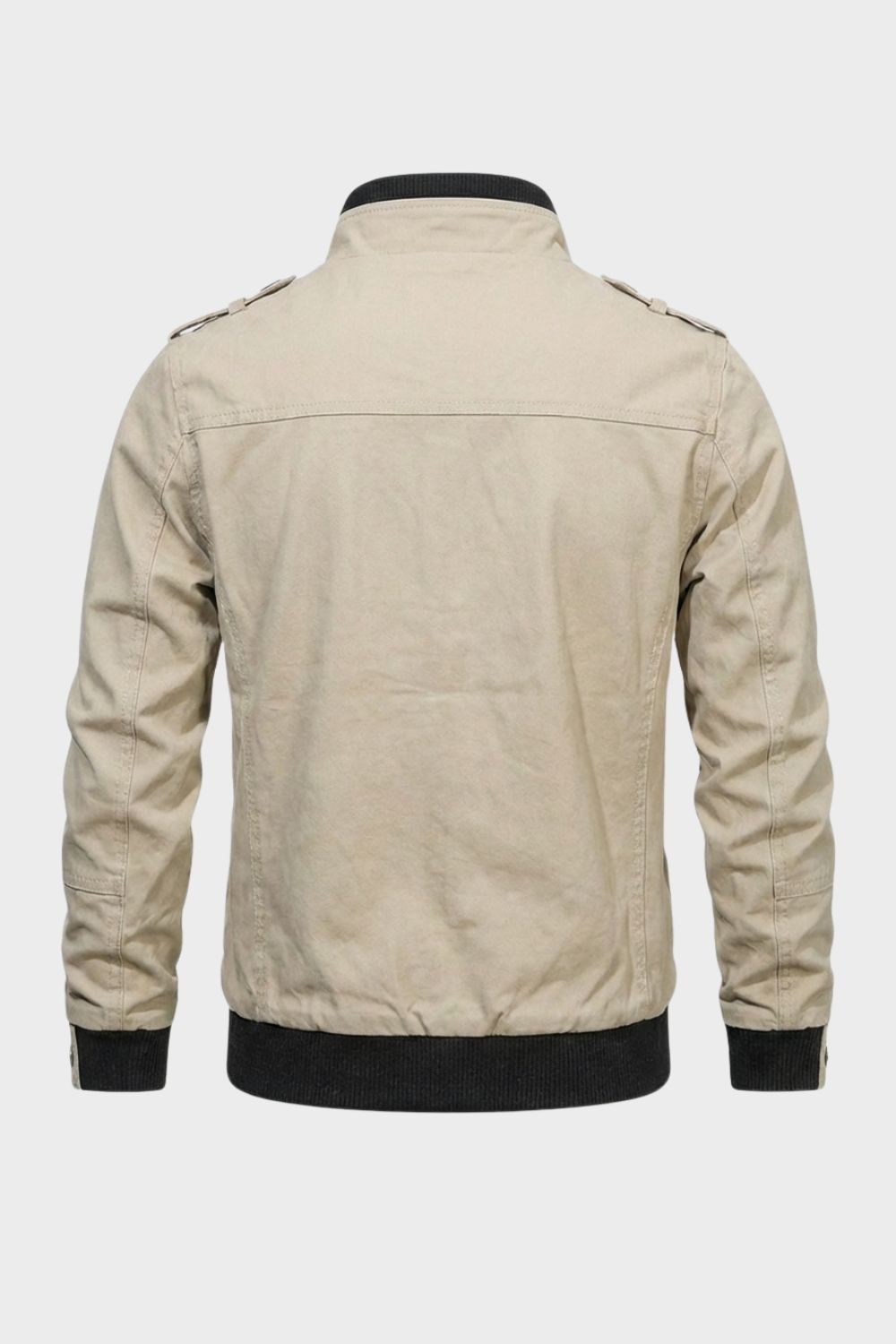 Men's utility jacket with stand collar, zip front, chest pockets and ribbed trim