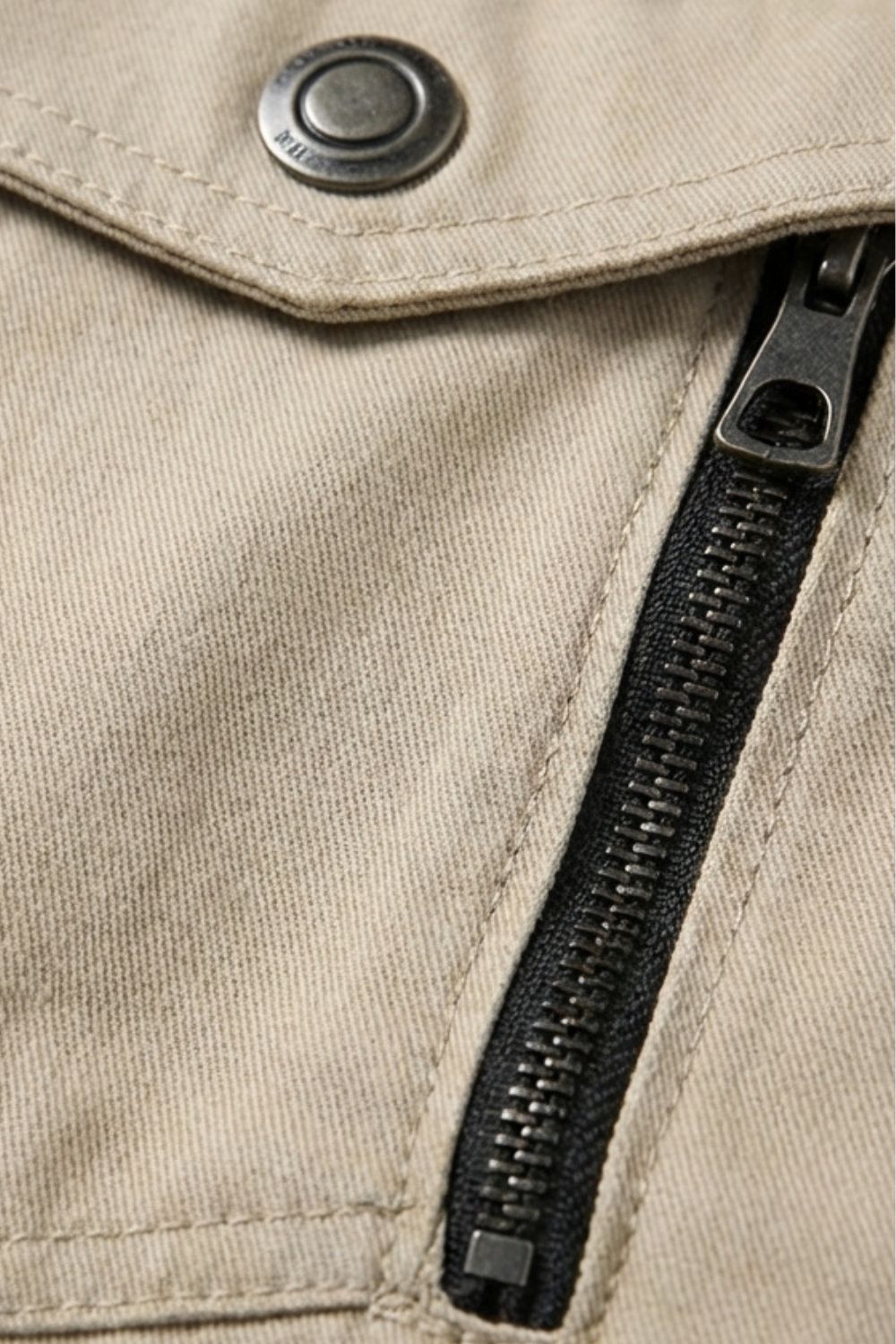 Men's utility jacket with stand collar, zip front, chest pockets and ribbed trim