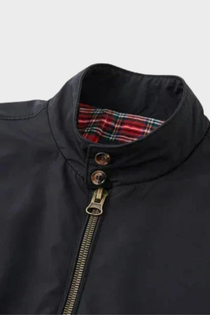Men's bomber jacket with stand collar, zip front and red checked lining