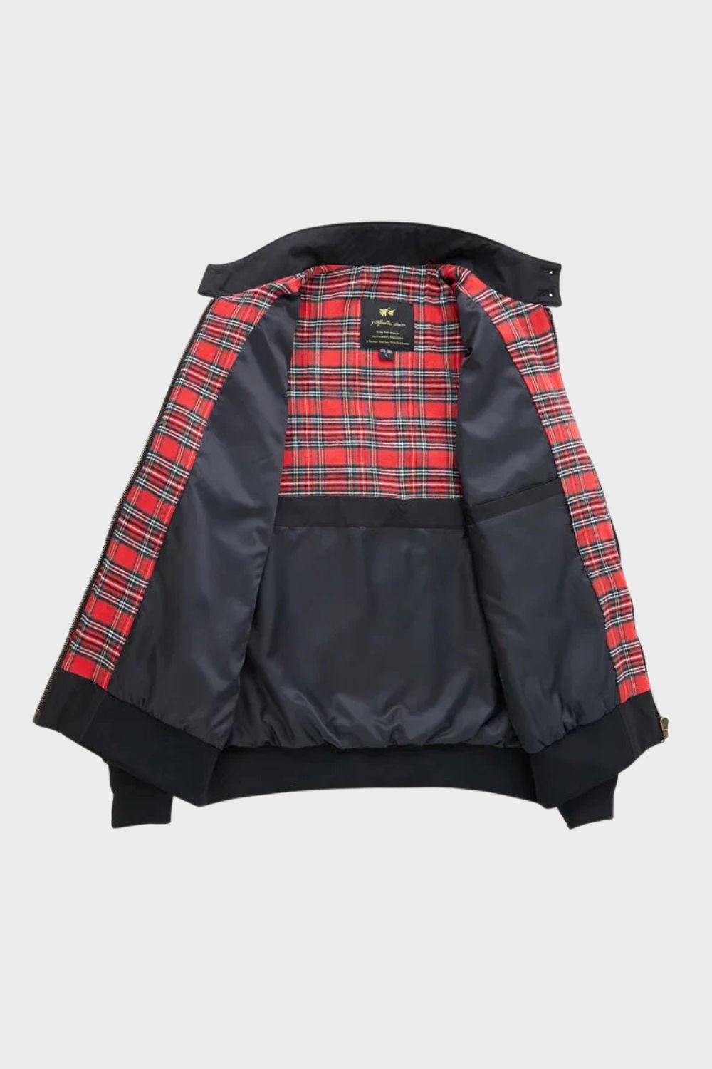 Men's bomber jacket with stand collar, zip front and red checked lining