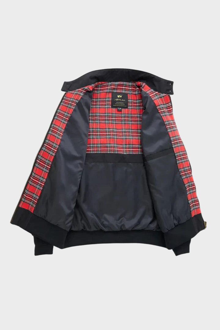 Men's bomber jacket with stand collar, zip front and red checked lining