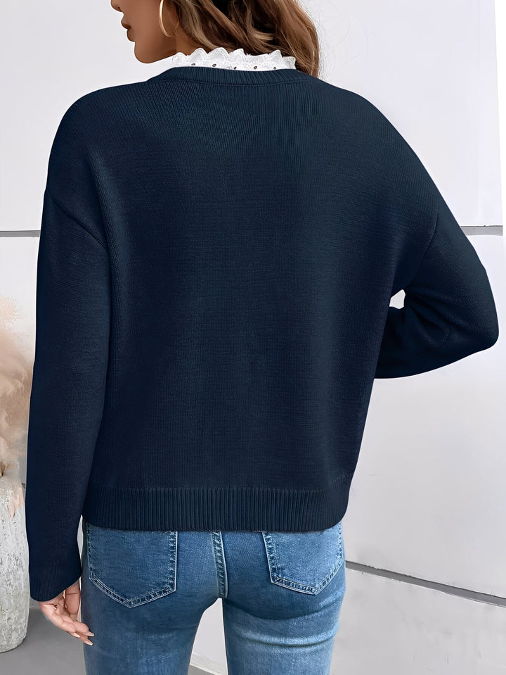 Women's long-sleeve V-neck sweater with scalloped lace neckline trim