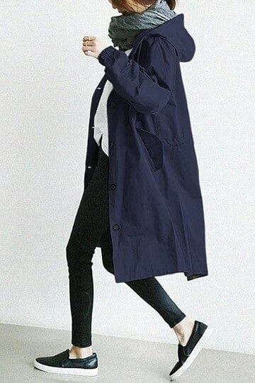 Women's hooded longline raincoat with button front and pockets