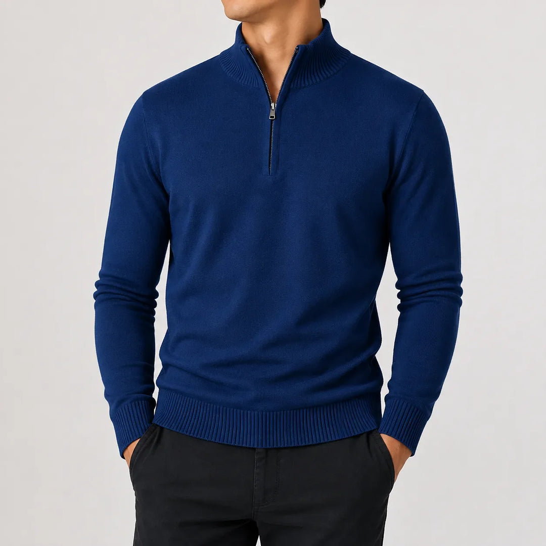 Men's long-sleeve zip-up mock neck sweater with ribbed trims