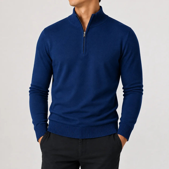 Men's long-sleeve zip-up mock neck sweater with ribbed trims
