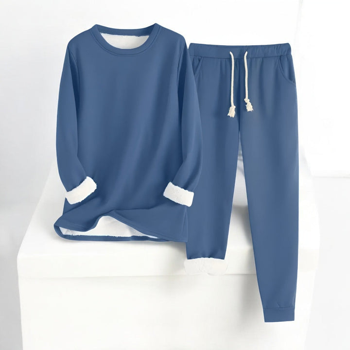 Women's two-piece lounge set with long-sleeve crew neck top and drawstring trousers