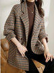 Women's houndstooth long coat with notched lapels and patch pockets