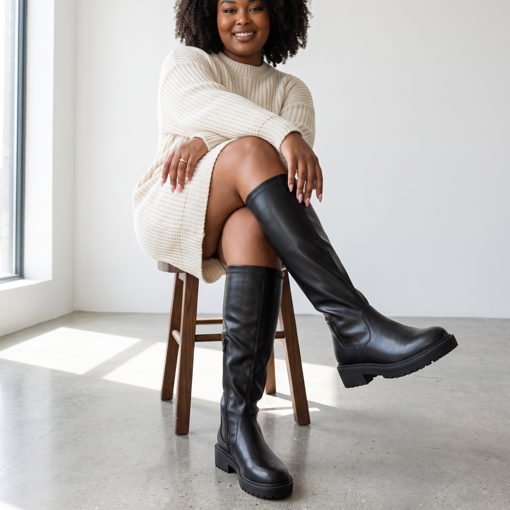 Women's black knee-high boots with round toes, low heels and side zips