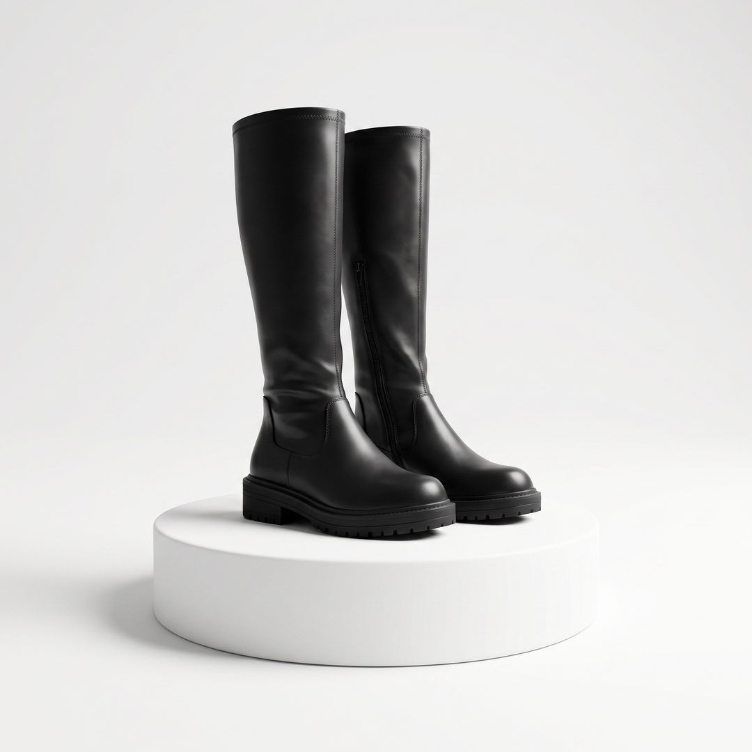 Women's black knee-high boots with round toes, low heels and side zips