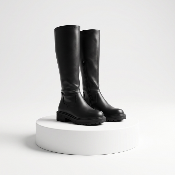 Women's black knee-high boots with round toes, low heels and side zips