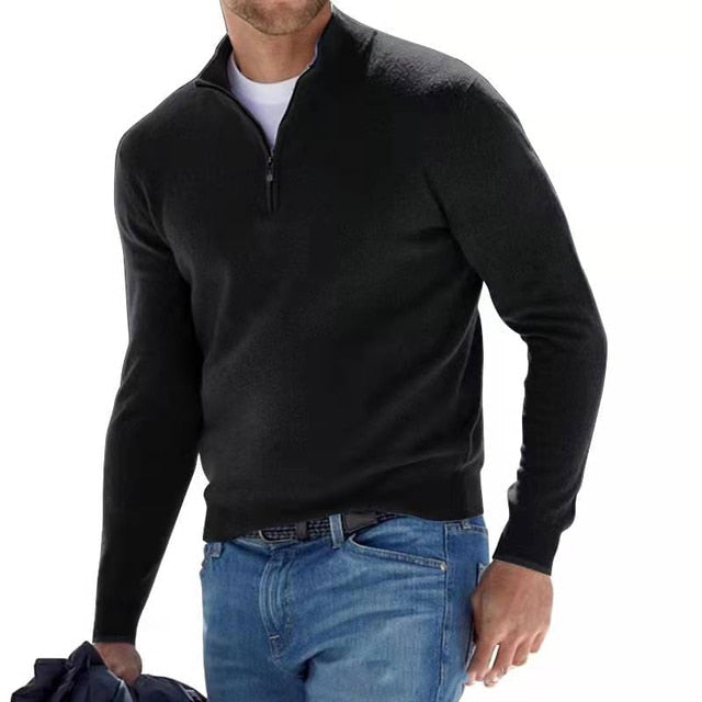 Men's long-sleeve quarter-zip sweater with a mock neck and ribbed trims