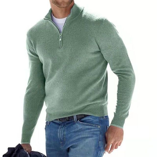 Men's long-sleeve quarter-zip sweater with a mock neck and ribbed trims