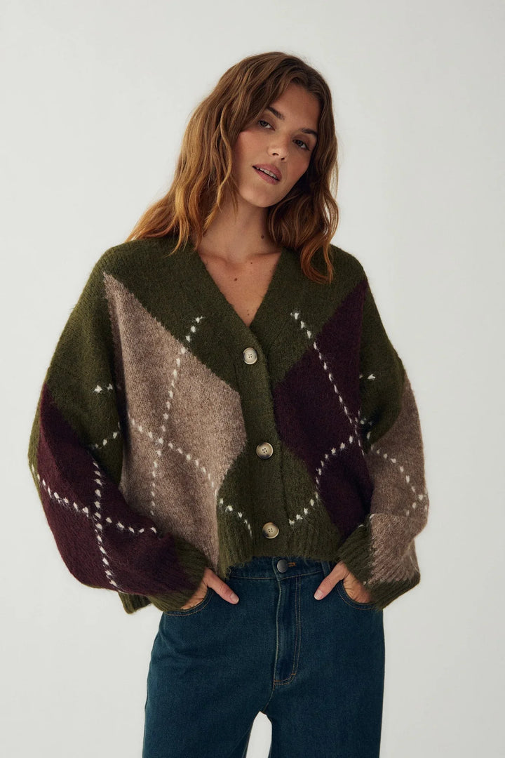 Women's multicolour argyle knit cardigan with V-neck and button front