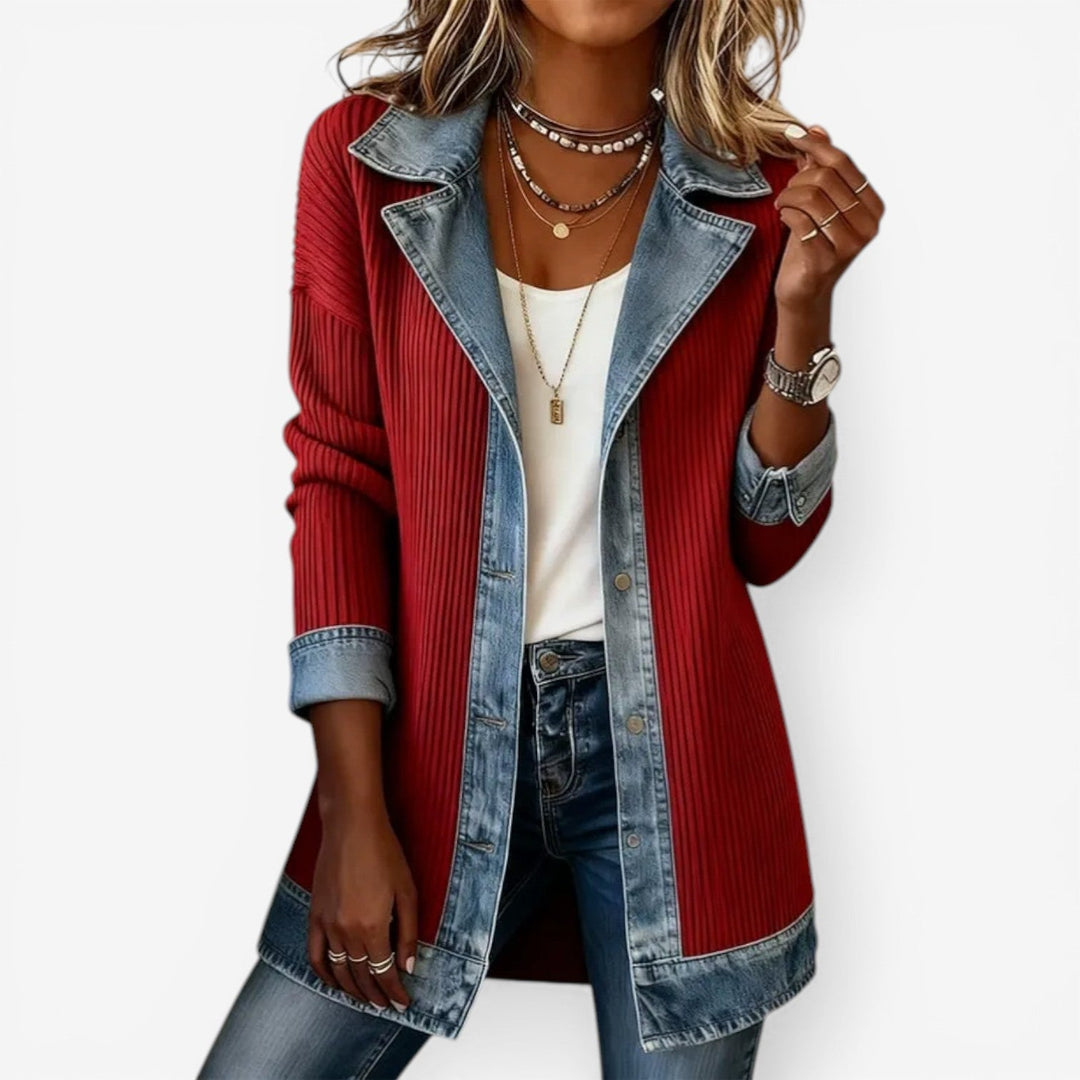 Women's longline knit jacket with denim trim and patterned panels