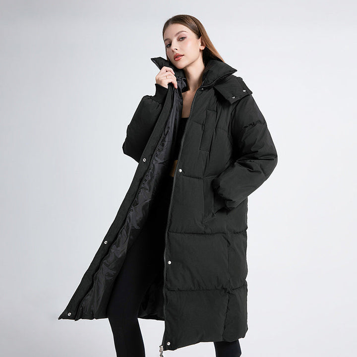Women's long hooded quilted puffer coat with zip front and side pockets