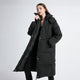Women's long hooded quilted puffer coat with zip front and side pockets