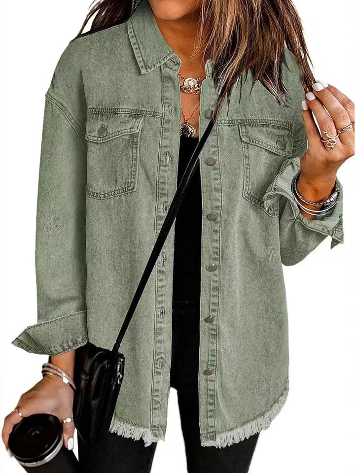 Women's collared denim jacket with chest pockets