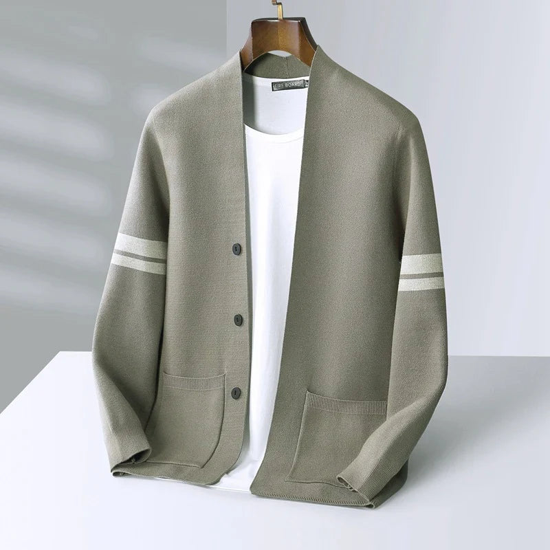 Button-front cardigan with contrast sleeve stripes and patch pockets