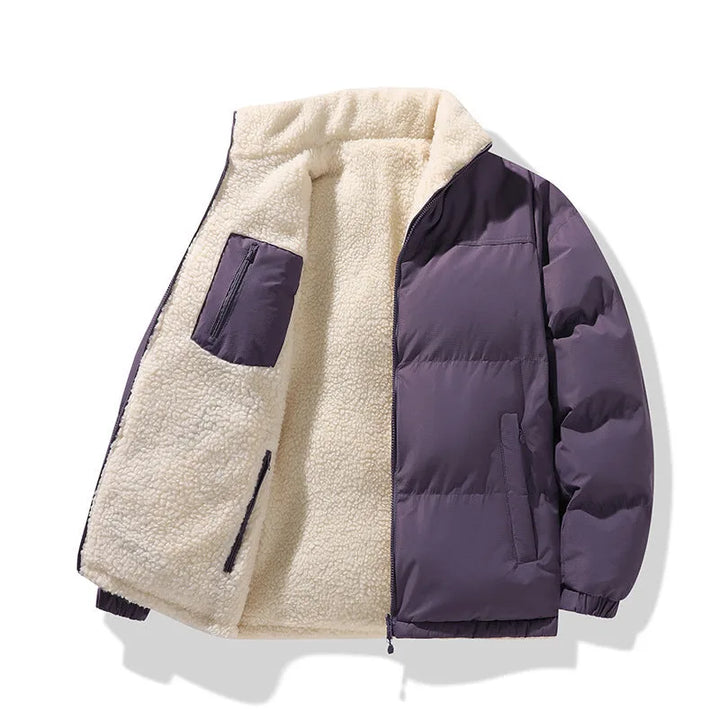 Reversible padded jacket with sherpa lining and zip fastening