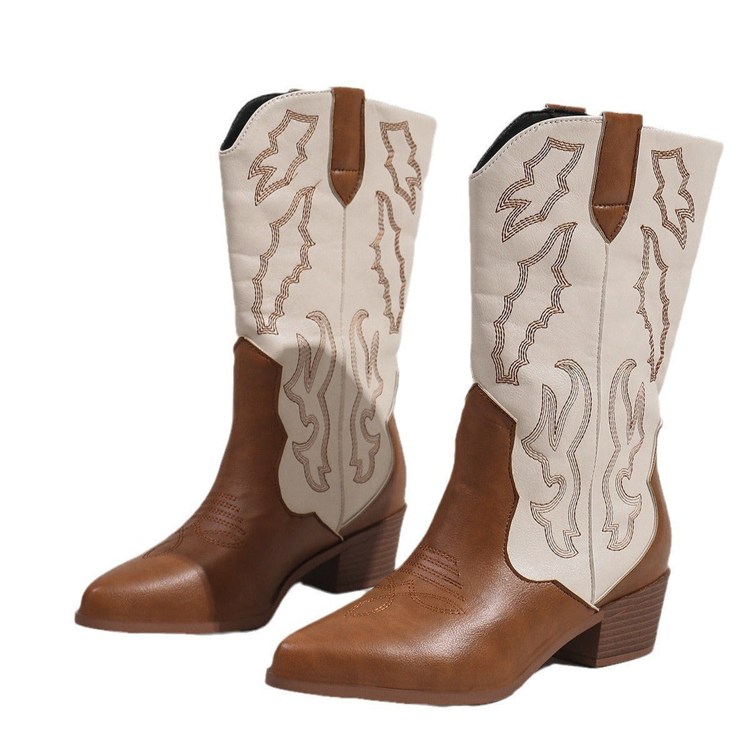 Women's Western cowboy boots with embroidered shafts and block heels