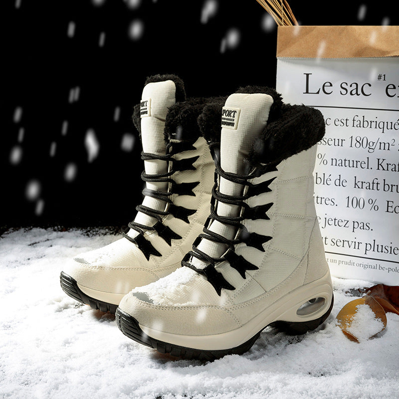 High-top winter lace-up boots with plush black trim and chunky ridged soles