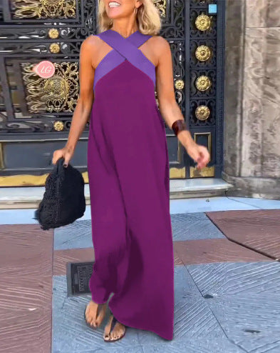 Women's sleeveless maxi dress with crossed halter neckline in black and white colourway